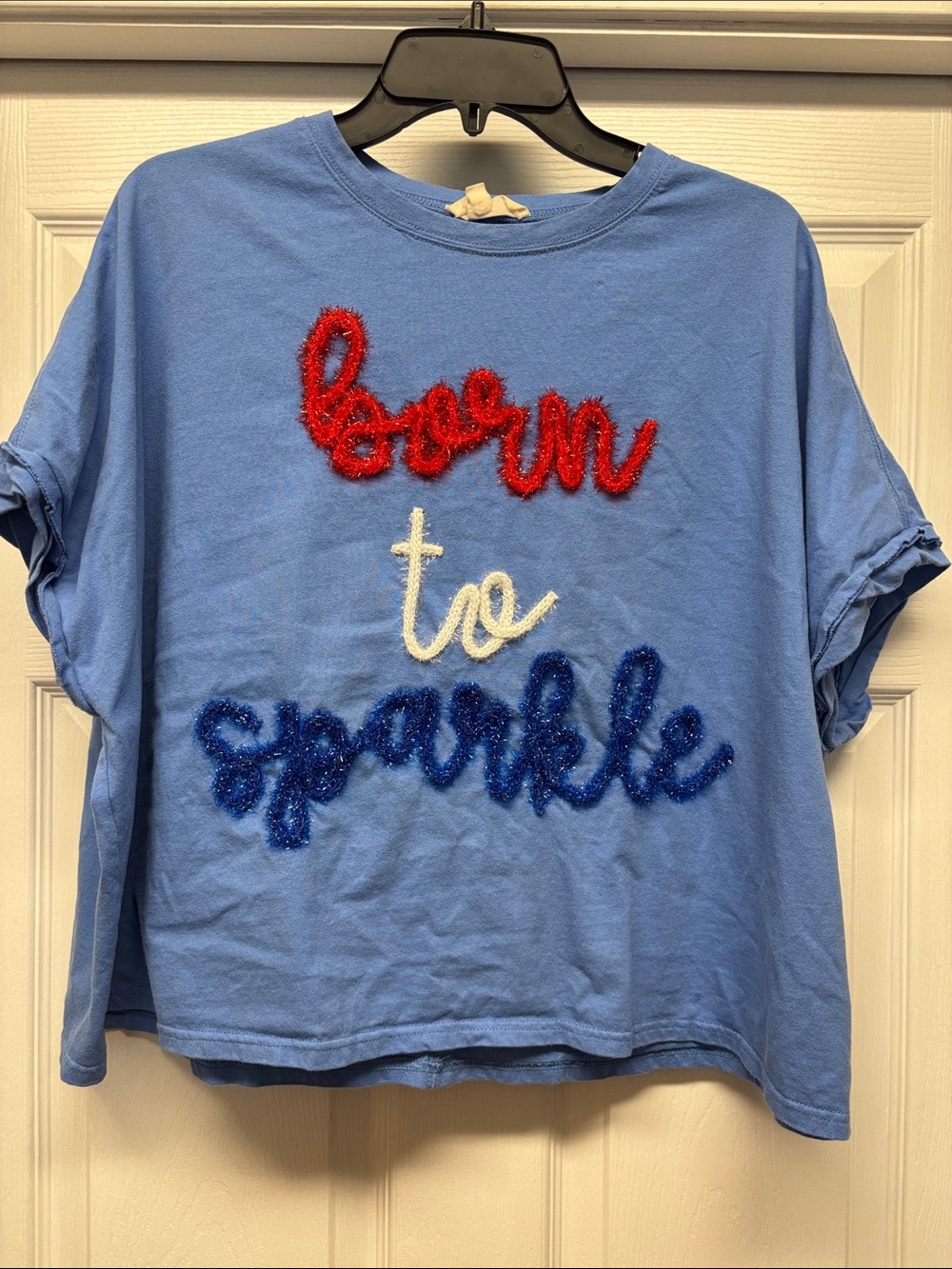 Peach Love ‘Born to Sparkle' Blue Embellished Boxy Tee with Ruffled Sleeves S